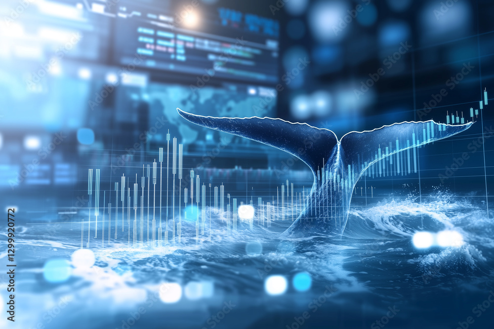 Poster whale tail emerges from ocean, creating waves with stock market graphs in background, symbolizing fi