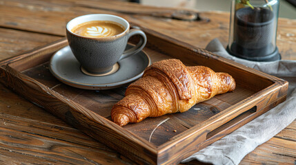 A rustic wooden serving tray with a ceramic cup of coffee and a croissant placed neatly on one side, with a soft linen napkin creating negative space for branding or text.