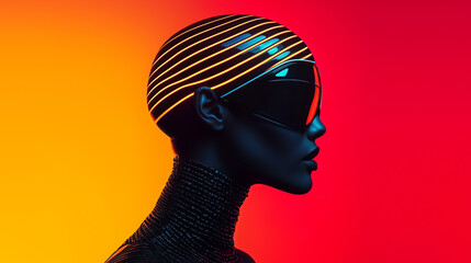 futuristic photoshoot features model in sleek reflective outfit with glowing lines, set against vibrant gradient background. model wears large sunglasses, enhancing modern aesthetic