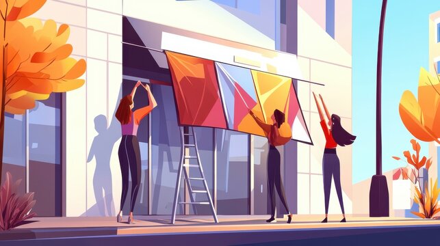 Workers Hanging Vibrant Banners in Urban Street Scene - Powered by Adobe