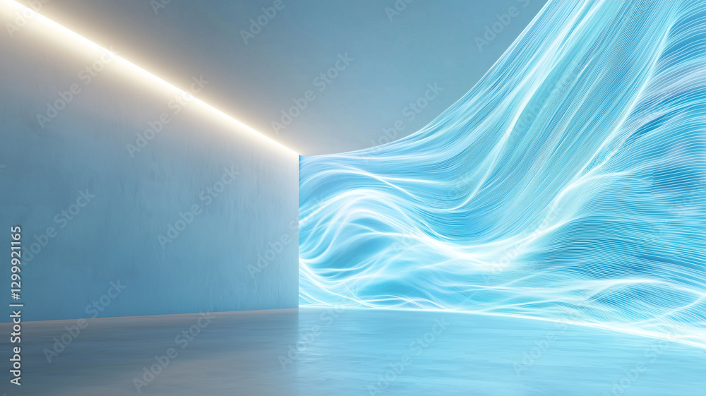 Poster minimalist room with flowing fiber optic lights creates serene and futuristic atmosphere. blue and w