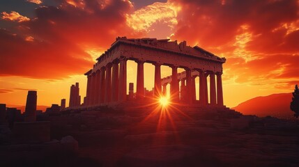 Sunset over Parthenon, Acropolis, Athens, Greece; historical travel