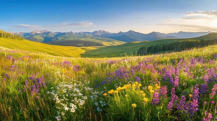 A panoramic view of a wide-open meadow, dotted with colorful wildflowers in shades of violet, yellow, and white, as the warm sunlight casts delicate, long shadows on the vibrant grass, under a