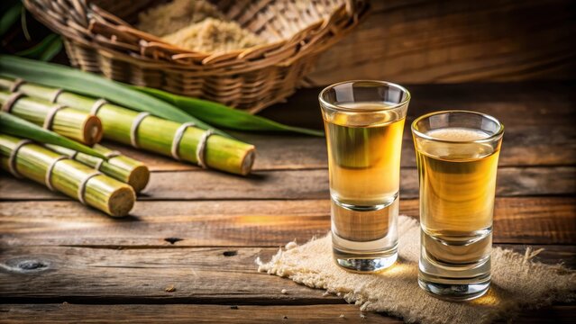 Two shot glasses of Brazilian gold cachaca with sugar and sugarcane on rustic wooden background, filled to the brim with golden liquid , countryside, spirit
