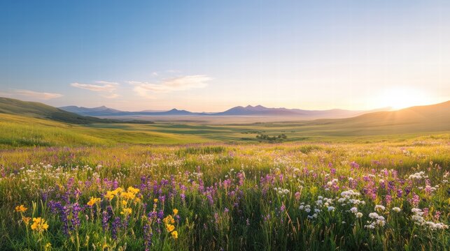 A panoramic view of a wide-open meadow, dotted with colorful wildflowers in shades of violet, yellow, and white, as the warm sunlight casts delicate, long shadows on the vibrant grass, under a