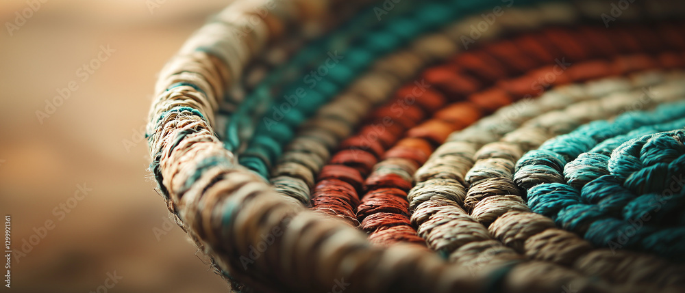 Poster close up of handmade woven basket highlighting intricate patterns and vibrant colors, showcasing cra