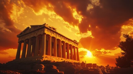 Obraz premium Athenian sunset Temple of Hephaestus, ancient ruins, dramatic sky, travel