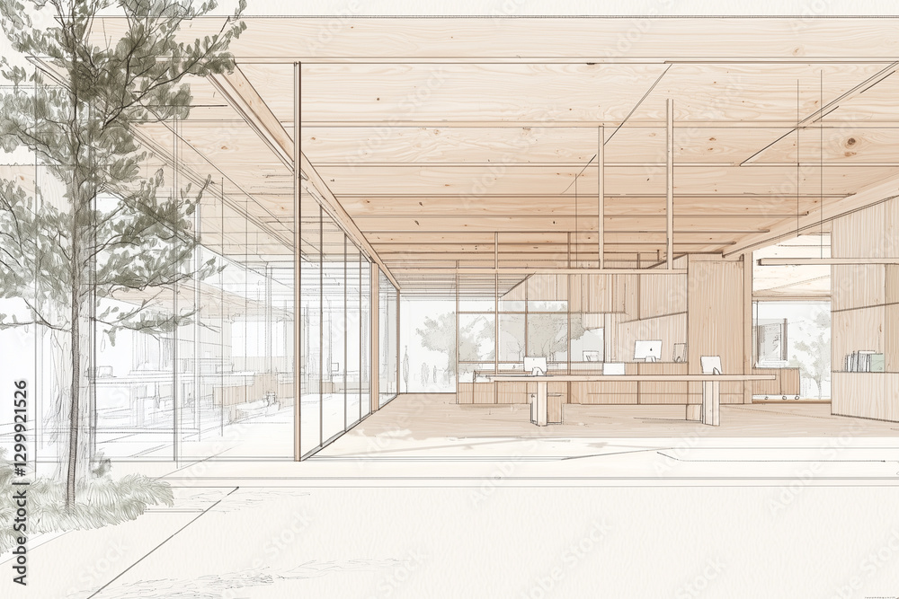 Poster serene co working area with minimalistic architecture features wooden interiors, large glass windows