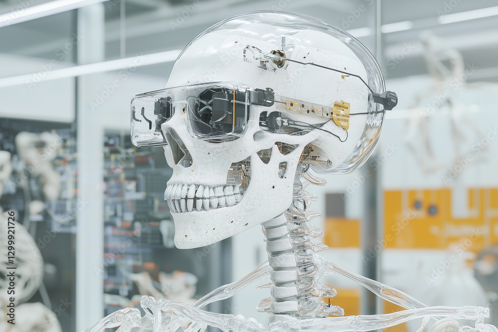 Poster human skeleton with advanced artificial joints and transparent components is displayed in futuristic laboratory setting, showcasing technological innovation in anatomy