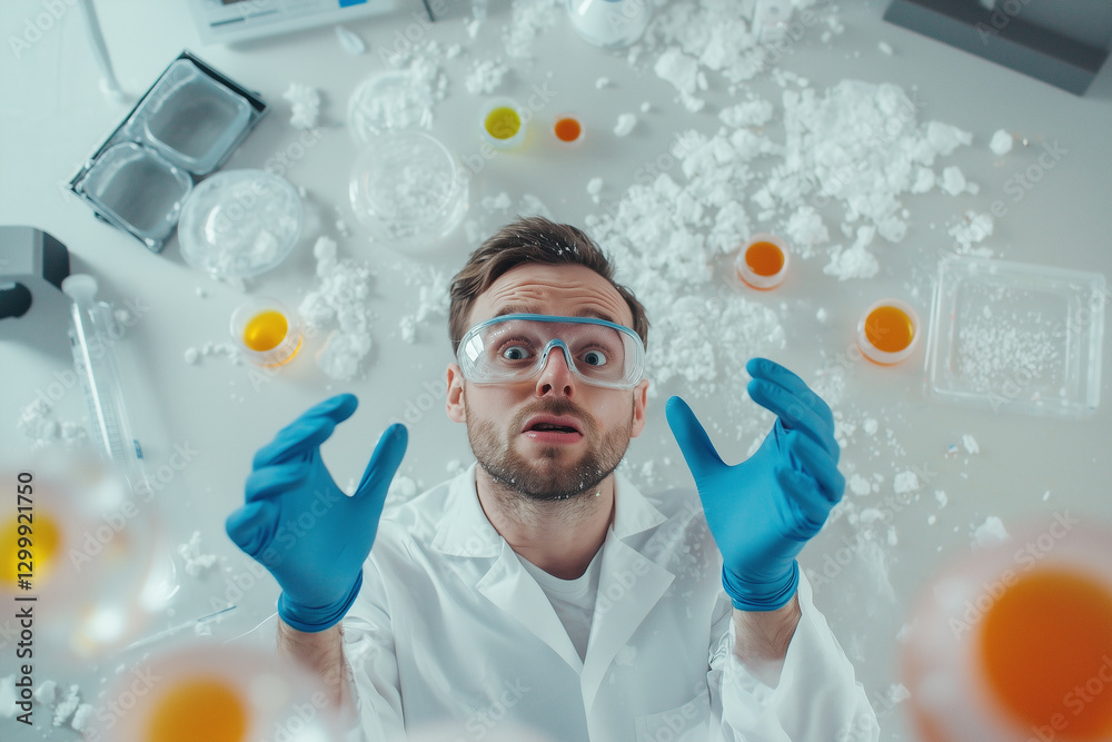 Poster male scientist in lab appears panicked, surrounded by scattered lab equipment and substances. he wea