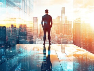 Obraz premium Businessman Silhouette at Sunrise Over Cityscape