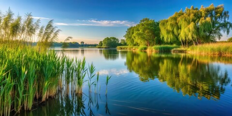 Serene lake shore with lush greenery and tall reeds swaying gently in the breeze, reflecting a serene atmosphere, reeds