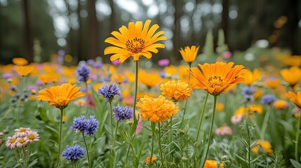 Obraz premium Vibrant wildflower meadow showcasing diverse blooms under soft sunlight, creating a serene atmosphere