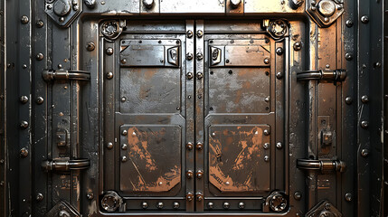 The image is of a rusty metal door with many screws and bolts. generated using AI