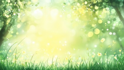 Obraz premium Serene meadow with wildflowers, vibrant green trees, and sunlit, bokeh background for peaceful designs