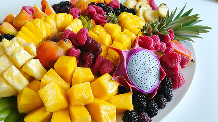 A plate of fruit with a dragon fruit in the center. generated using AI