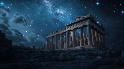 Obraz premium Ancient temple under starry night sky, Greece, tourism