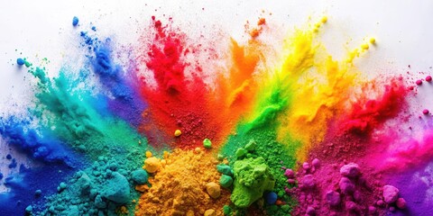 Fototapeta premium Vibrant colorful holi powder coatings splattered on a white background creating an abstract design, Rainbow Colors, Indian Festival Decorations