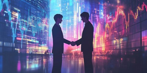 Two Businessmen Shaking Hands in a Vibrant City Nightscape