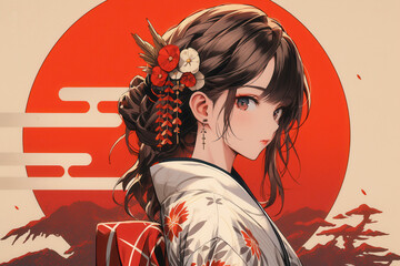 アニメ／美女　着物の女性