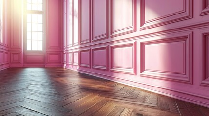 Fototapeta premium Bright and airy pink room with wooden floor and sunlight streaming through large windows