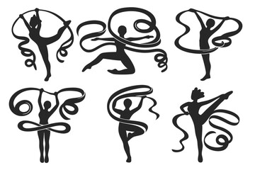 set of Rhythmic Gymnastic Ribbon Silhouette vector illustration