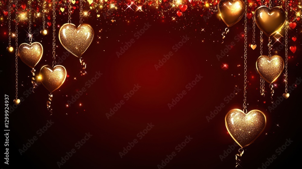 Poster Red background adorned with gold hearts and chains creating a vibrant and festive design