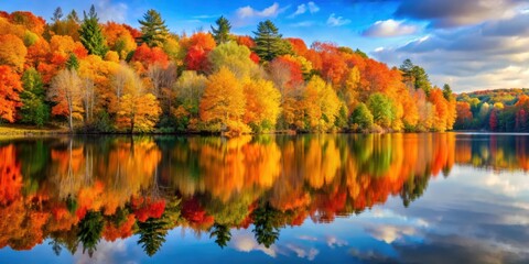 A serene autumn landscape with a lake's calm waters reflecting vibrant hues of changing leaves
