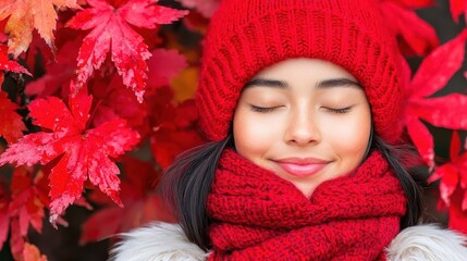 Woman wearing a red hat and scarf standing outdoors in winter season with snow in the background
