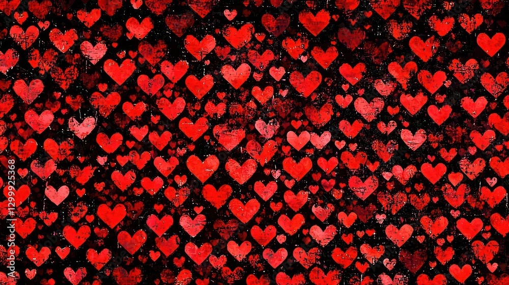 Poster Red hearts scattered on a black background creating a romantic and festive pattern