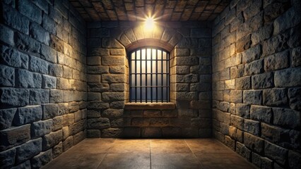 Dark medieval dungeon cell with a single barred window, mysterious, dim lighting,  mysterious