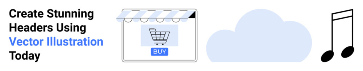 Online store icon with shopping cart, cloud illustration, and musical note graphic. Ideal for e-commerce, cloud services, music apps, digital marketing, tech concepts, UI design flat landing page