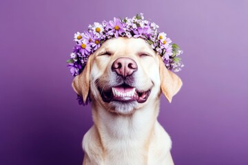 Professional studio image. Isolated ultramarine background, copy space, ad idea. Cute adult dog basenji wearing primal flower circlet on its head - symbol of sunny vacation time.