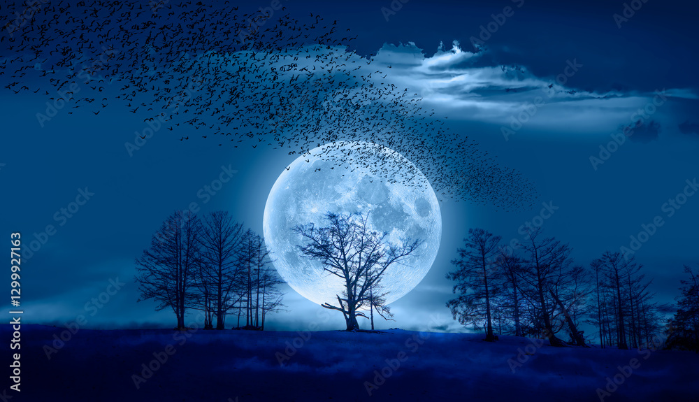 Aufkleber Lone dead tree with full moon with milky way galaxy in the background - Baikal, Siberia 
