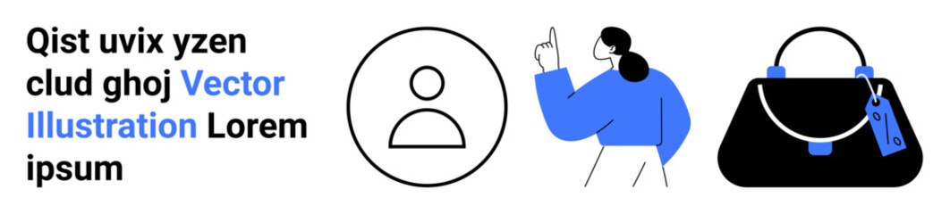 Handbag with price tag, user profile outline, and woman gesturing upward in blue. Ideal for e-commerce, fashion, tech, communication, personal branding, information display flat landing page banner