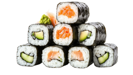 A stack of sushi rolls arranged in a pyramid shape 