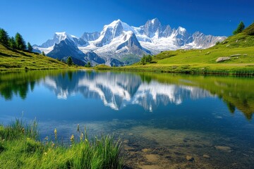 Fototapeta premium Cheserys lake capturing night stars with mont blanc massif, an enchanting scene for travel lovers and adventure seekers craving stunning natural landscapes