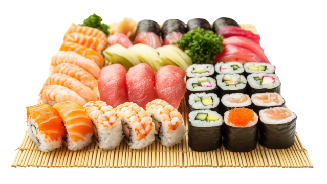 A variety of sushi rolls arranged on a bamboo mat