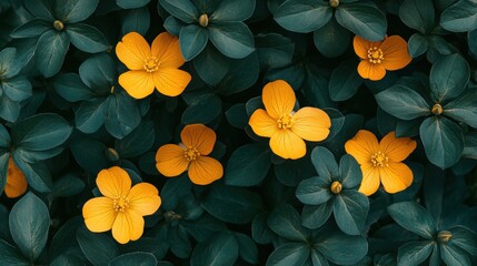 Vibrant yellow flowers bloom amongst dark green leaves. Perfect for spring themes, nature blogs, or floral designs.