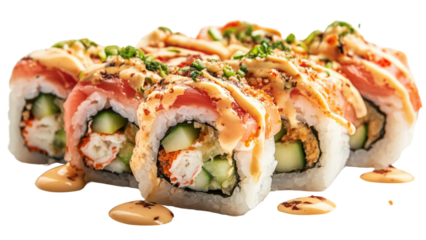 A set of assorted sushi rolls with avocado, crab, and cucumber, isolated