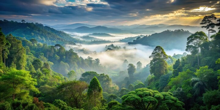 Overgrown forest with tall trees and thick foliage, surrounded by rolling hills and misty mountains in the background , nature, misty mountains