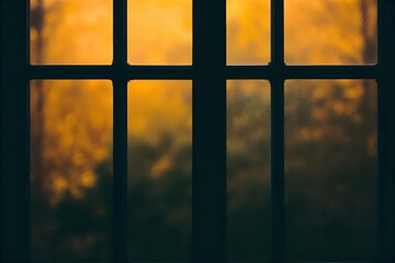 Fototapeta premium Window View of Autumn Trees: Warm Golden Light Through Glass Panes, Dark Frame, Atmospheric Fall Scene, Nature Photography