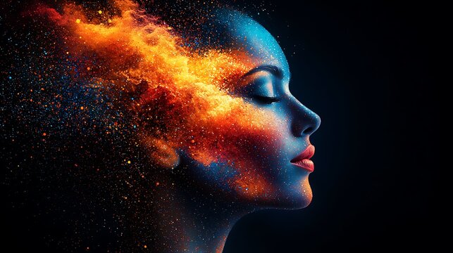 A head in profile with colorful, abstract shapes exploding from within, each shape symbolizing different creative ideas, bright backlighting highlighting the forms, energetic and dynamic mood, bold