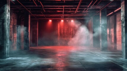 Gritty underground venue filled with fog and pulsing lights, concrete floors reverberate with grunge beats.