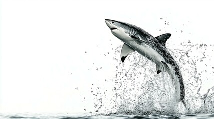 Obraz premium Great White Shark's Dynamic Leap: A Monochromatic Aquatic Masterpiece