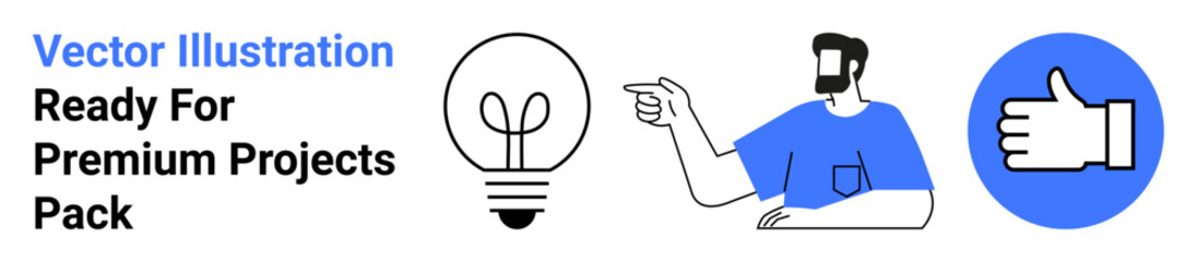 Light bulb representing ideas, person pointing in blue tones, thumbs-up for approval. Ideal for creativity, innovation, teamwork, guidance, positivity brainstorming motivation. Flat landing page