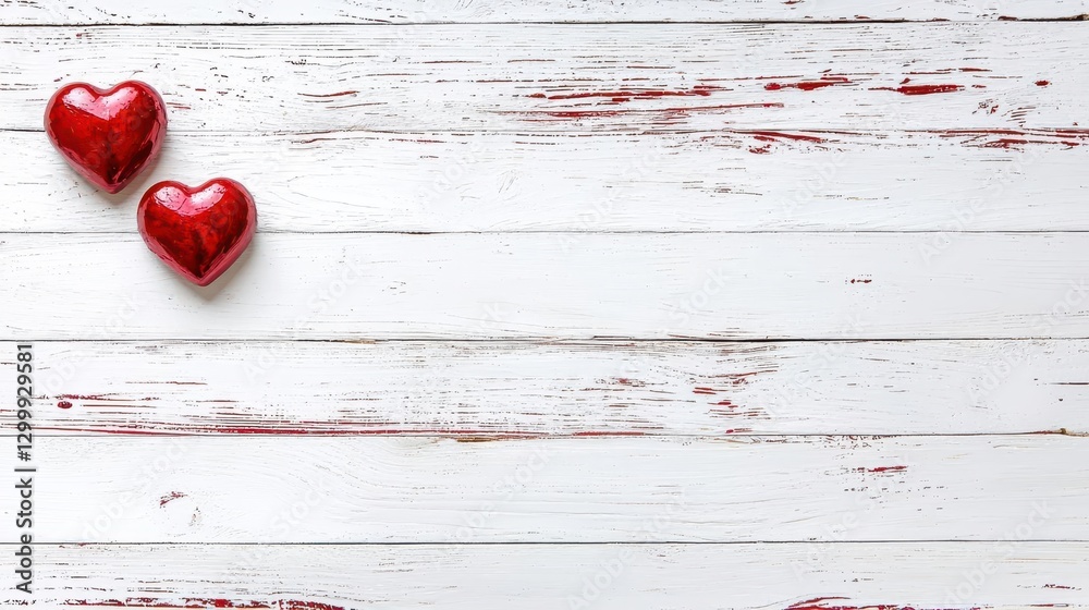 Poster two red hearts placed on a textured white wood background creating a romantic and cozy atmosphere