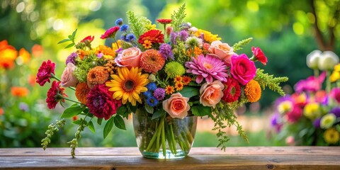 Vibrant floral arrangement featuring an assortment of colorful blooms and lush greenery in a elegant vase, garden fresh, colorful flowers