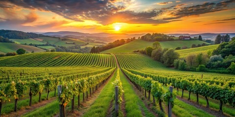 Fototapeta premium Serene European vineyard at sunset with rolling hills and lush green vines stretching as far as the eye can see, vineyard, rolling hills