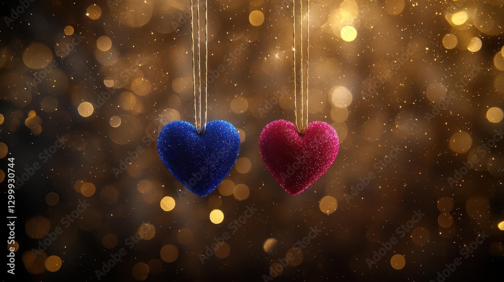 Poster Two hearts hanging from strings against a shimmering gold background in a decorative display